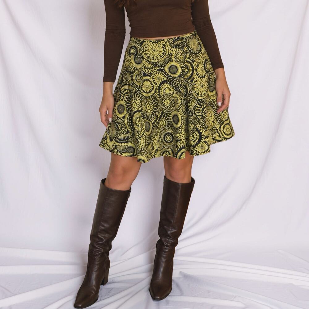 George Y2K Black Lime Green Floral Print A-Line Skirt Size 4